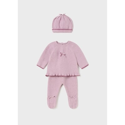 J10266MAY / 2504-050 3PC KNIT TOP & PANT & HAT VIOLET KNIT 9-18 MONTHS NO FEET CABLESTITCH PATTERN