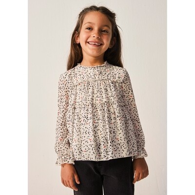 J10384MAY / 4197-035 GAUZE BLOUSE CREAM ALL OVER BLACK & RED HEARTS PRINT