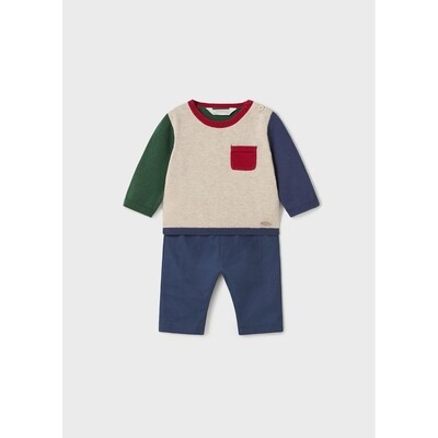 J10301MAY / 2521-051 2PC SWEATER & PANT BEIGE & GREEN RED POCKET TOP BLUE PANT