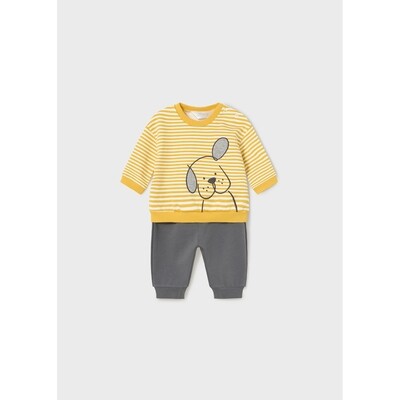 J10594MAY / 2681-021 2PC KNIT SET YELLOW STRIPED TOP GREY PANT PUPPY FACE