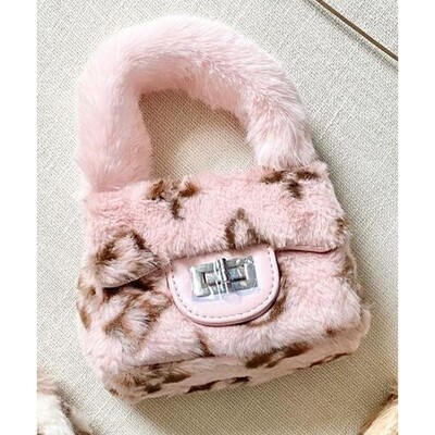 Z11219CEC / PS-321003 PURSE PINK FURRY BROWN PRINT FURRY HANDLE & GOLD CHAIN