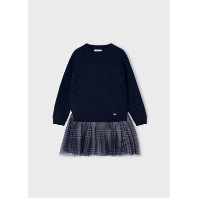 J10874MAY / 4915-071 2PC DRESS & KNIT TOP NAVY PLAID PLEATED TULLE SKIRT