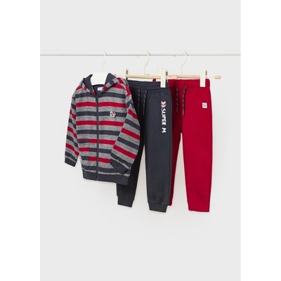 J10931MAY / 2878-079 3PC TRACKSUIT STRIPED CARDIGAN GREY BLUE & RED RED & NAVY PANT