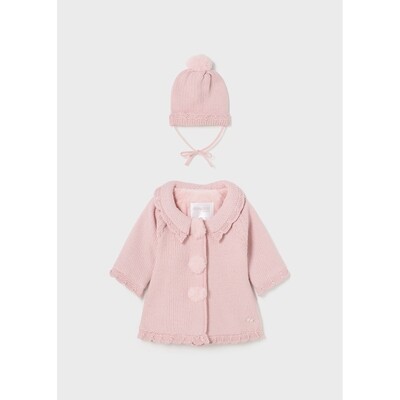 J10902MAY / 2404-094 2PC KNIT COAT & HAT PINK SCALLOPED EDGING