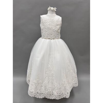 Z11348CHI / 4450 DRESS IVORY LACE & SEQUIN TULLE EMBROIDERED BODICE & SKIRT V BACK & BOW TRIM PEARL & RHINESTONE WAISTBAND