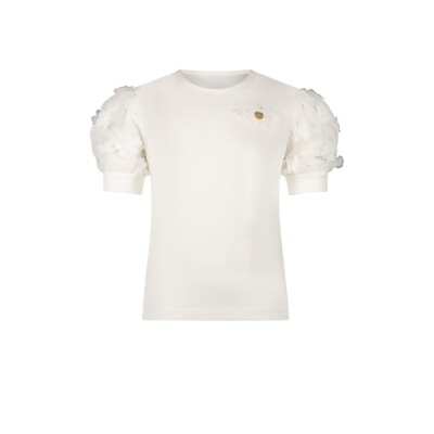 K10038LEC / C312-5400-003 TSHIRT OFF WHITE VOILE WITH FLOWER APPLIQUE ON SHORT SLEEVE