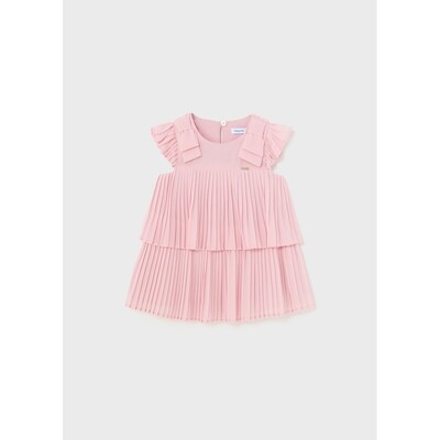 K11225MAY / 1911-084 DRESS PINK PLEATED LAYERS CAP SLEEVE BOW TRIM
