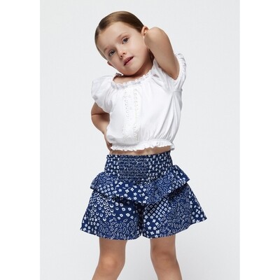 K11148MAY / 3260-023 2PC SKORT SET WHITE TOP BLUE & WHITE SHORT WITH FLOUNCE