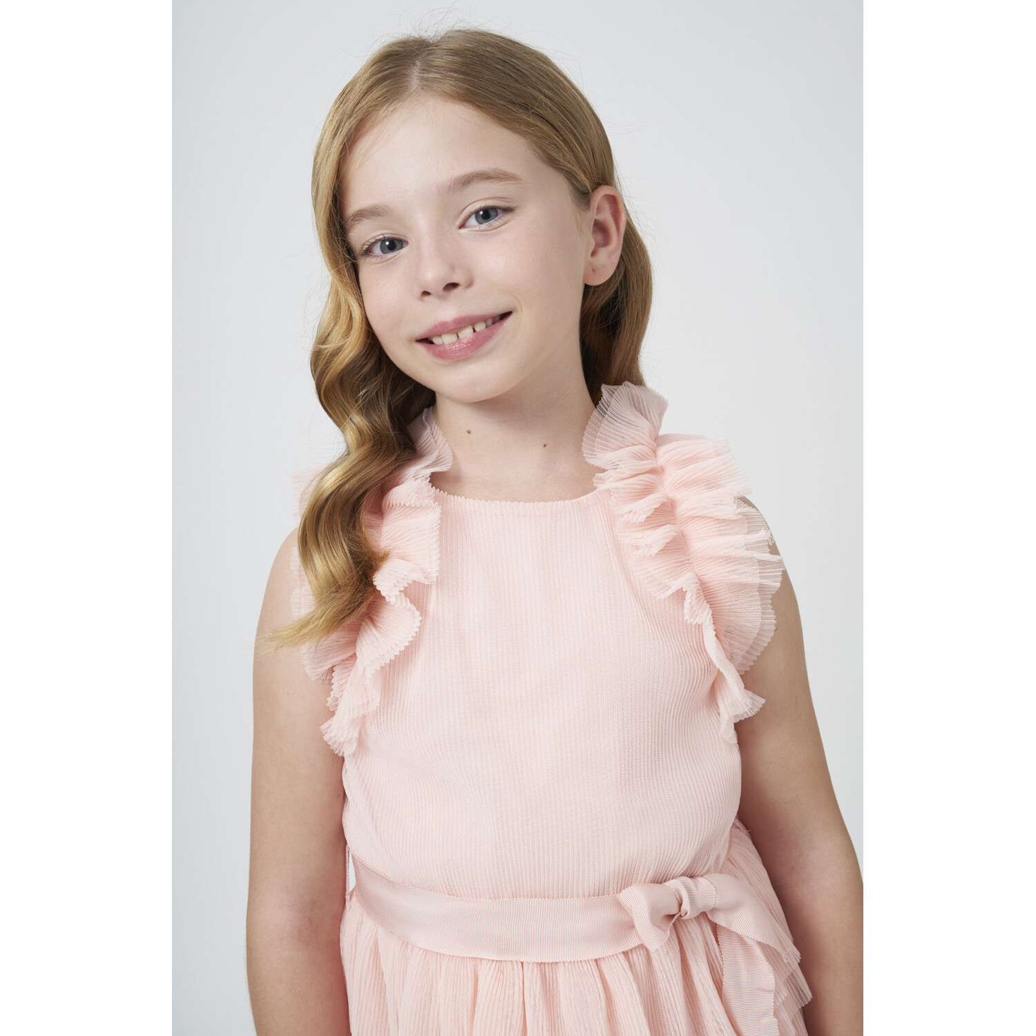Mayoral Girls 6943 064 Dress Rose Ribbed Tulle Layers Ruffled Sleeve