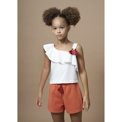 K11237MAY / 6273-059 2PC SHORT SET WHITE TOP ORANGE SHORT OFF THE SHOULDER WITH FLOUNCE TOP