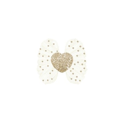 K11634MAY / 10 673-061 HAIR CLIP CREAM TULLE BOW GOLD HEART & DOTS