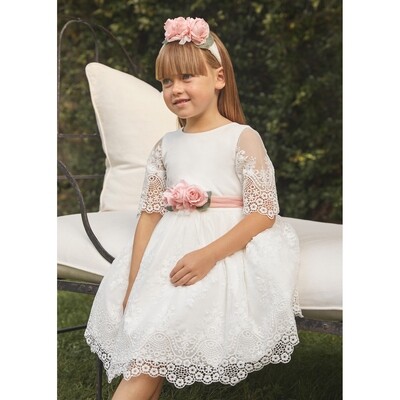 K11514ABE / 5034-001 DRESS CREAM GUIPURE EMBROIDERED PEACH ORGANZA BELT WITH FLOWERS