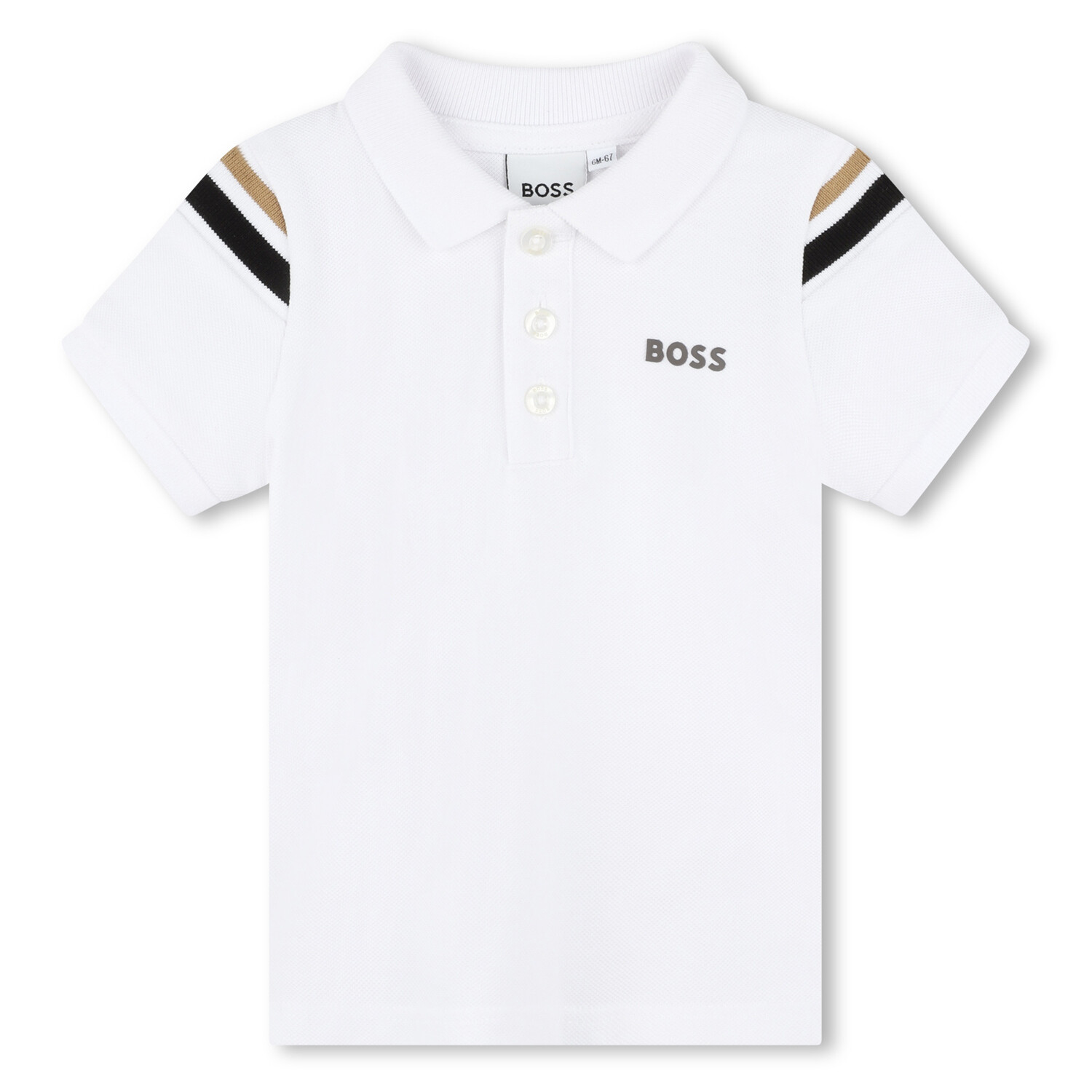 Hugo Boss Boys J50595 109 Polo Top White Short Sleeve Brown Black Shoulder Stripe Kids Wlkn Clothing Online Shop Kids Wlkn Clothes