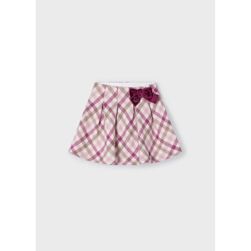 ROSE PLAID SKIRT BURGUNDAY BOW TRIM FLARED / 4901-011