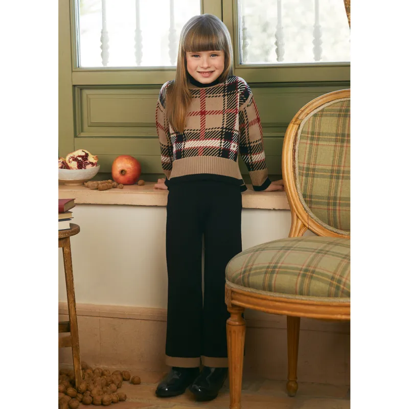 2PC BLACK & BRWN KNIT PANT SET PLAID TOP / 5722-005