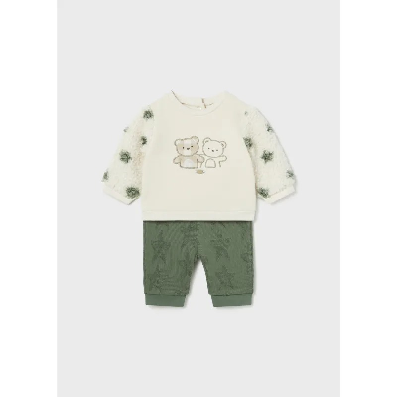 2PC BEIGE & GREEN PANT SET FLEECE SLEEVES / 2624-011