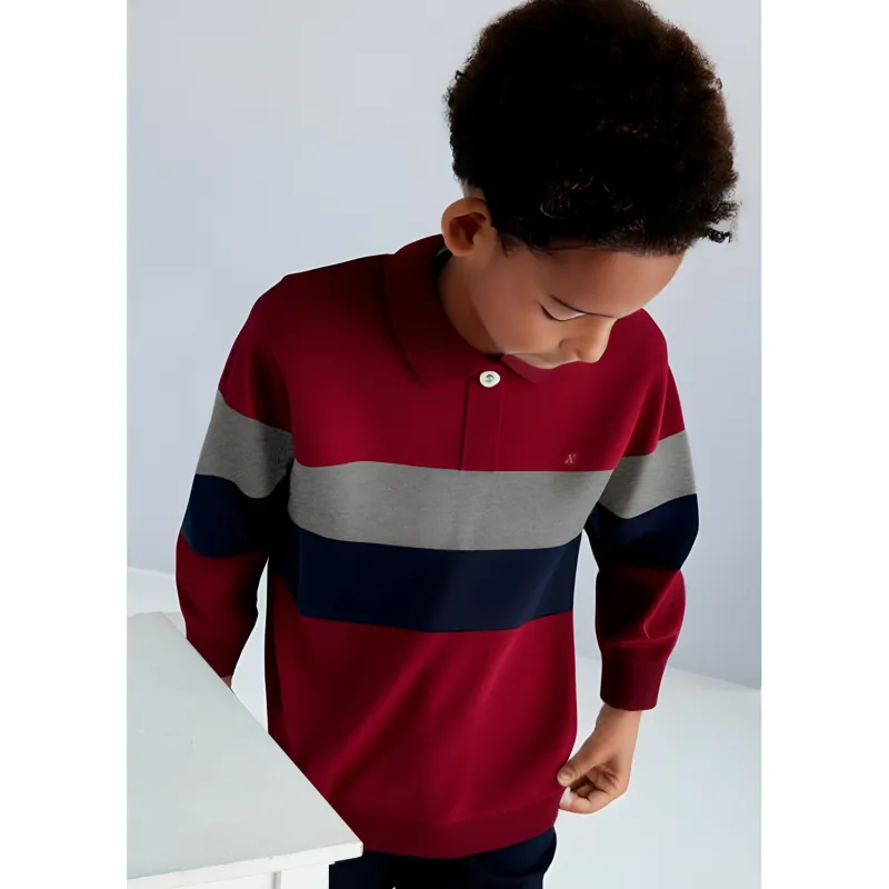 RED & NAVY POLO TSHIRT GREY STRIPE LONG SLEEVE / 7101-034