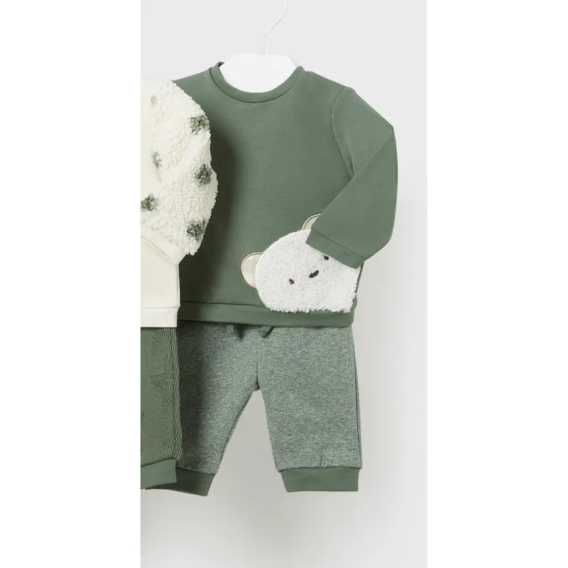 2PC GREEN PANT SET KNIT FLEECE BEAR FACE APPLIQUE / 2624-011