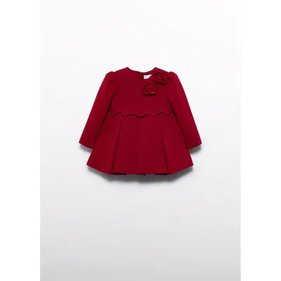 RED DRESS PLEATED FLOWER APPLIQUE LONG SLEEVE / 5515-005