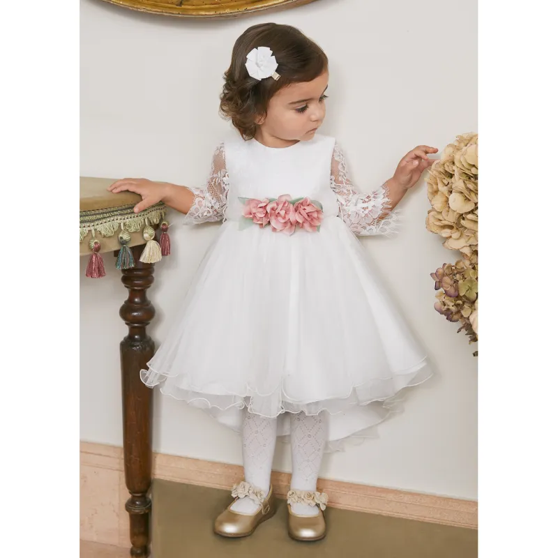 CREAM DRESS HIGH LOW LACE BODICE TULLE SKIRT PINK FLOWER BELT / 5509-001