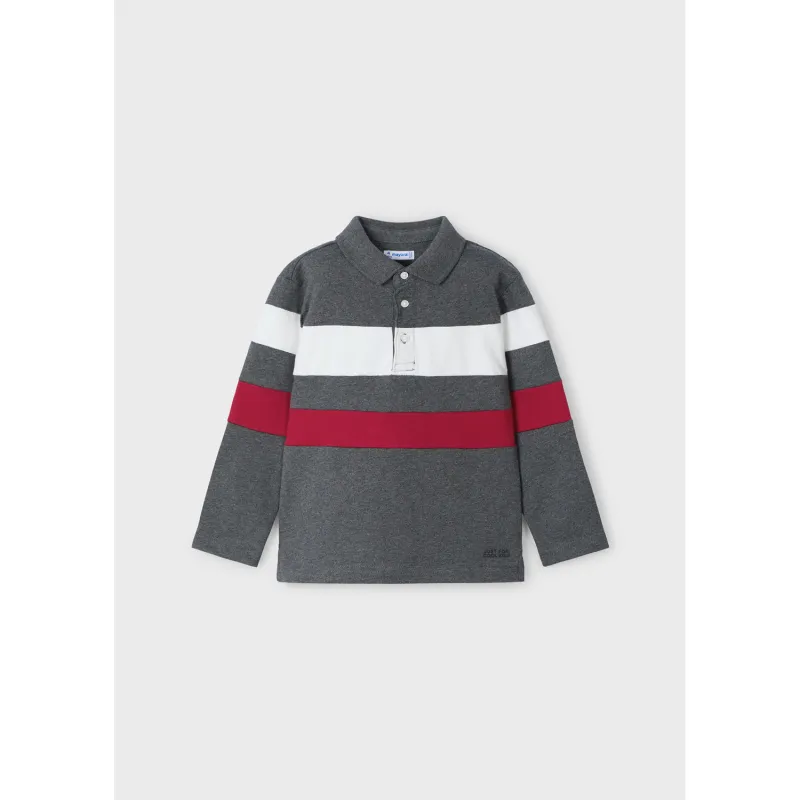 GREY WHITE RED STRIPE POLO TOP LONG SLEEVE / 4103-073