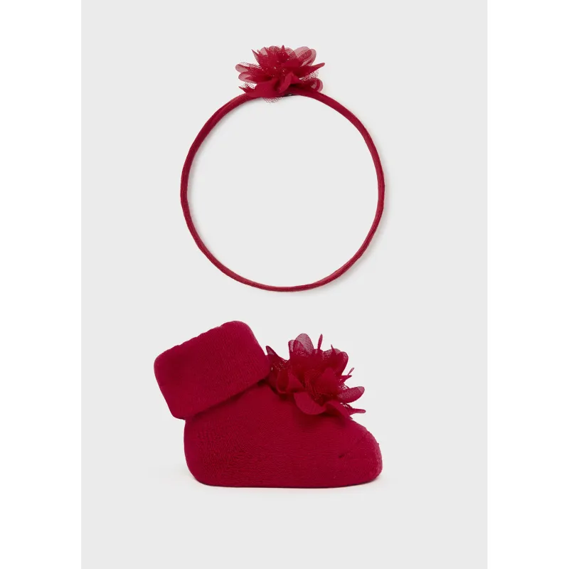 2PC RED SOCKS & HEADBAND SET SPARKLY FLOWER APPLIQUE / 9783-077