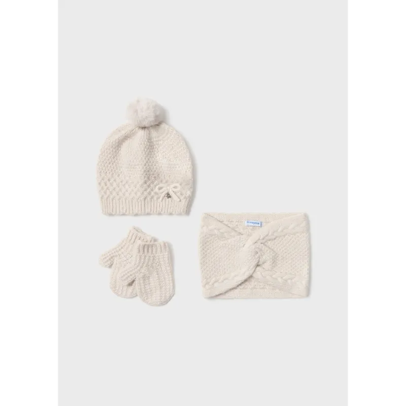 3PC BEIGE KNIT HAT SCARF MITTEN SET / 10769