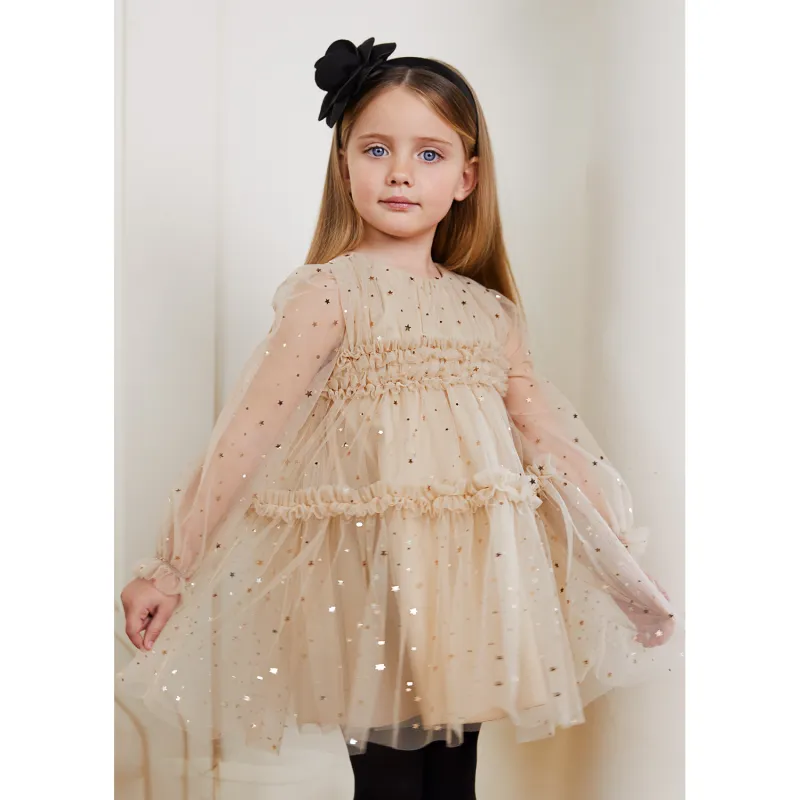 BEIGE TULLE DRESS STAR PRINT / 5533-008