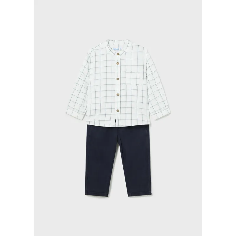 2PC NAVY PANT CREAM PLAID SHIRT MAO COLLAR / 2545-077