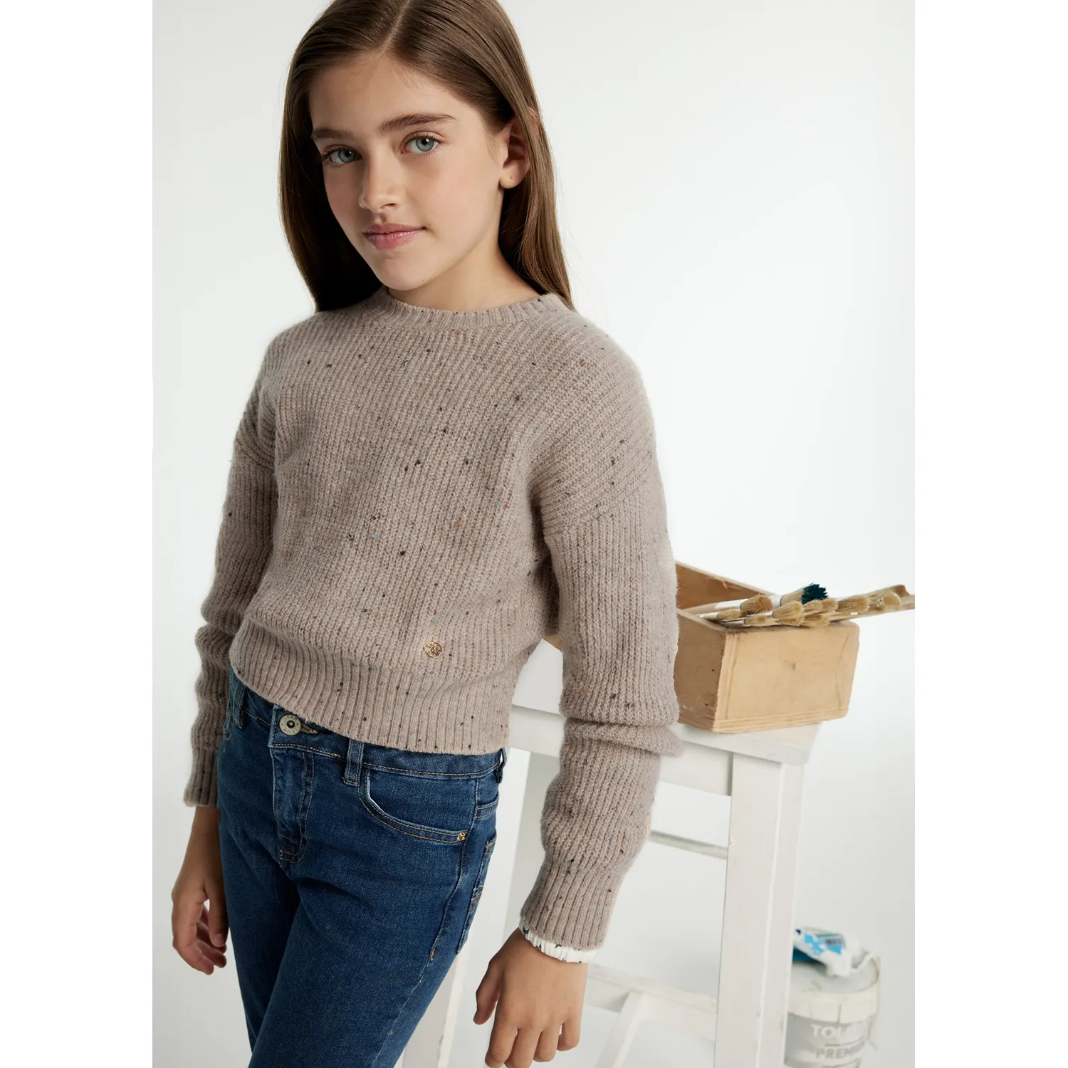 BEIGE KNIT SWEATER SPECKLED PATTERN / 7305-010