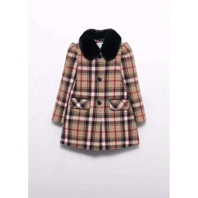 BROWN PLAID COAT BLK FUR COLLAR / 5835-001