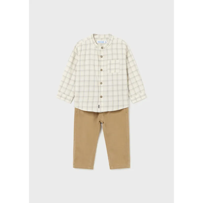 2PC BEIGE & BROWN PANT SET MAO COLLAR PLAID SHIRT / 2545-076