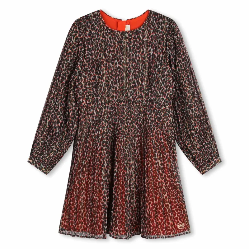 RED PLEATED DRESS ALLOVER PRINT BLK & GOLD / R30172-40A
