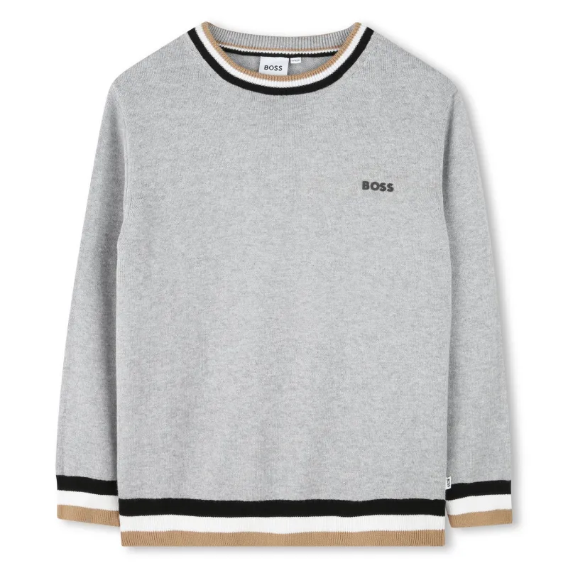 GREY KNIT SWEATER 3 COLOUR RIBBING AT CUFFS / J51178-A32