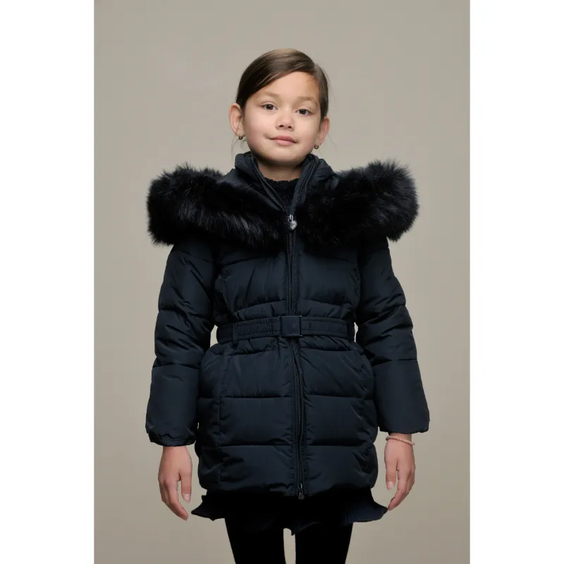 NAVY COAT & BELT FUR EDGED HOOD / C407-5205-190