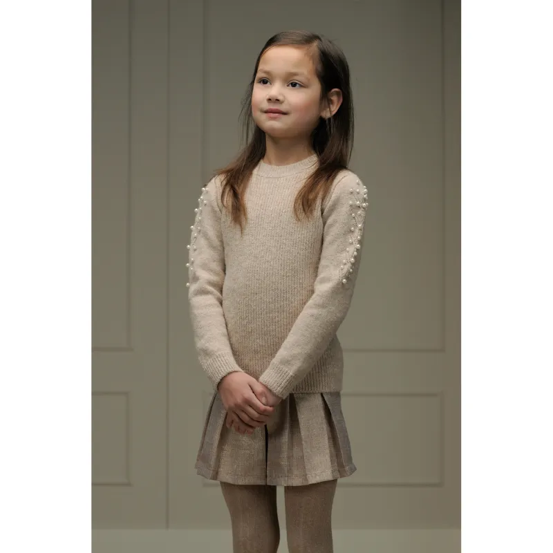 BEIGE KNIT SWEATER PEARL TRIM LONG SLEEVE / C408-5332-426