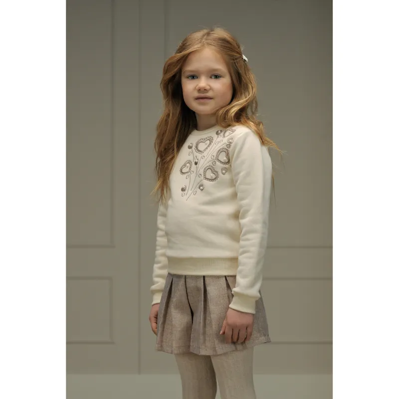 CREAM SWEATER TAN EMBROIDERED HEARTS WITH PEAR LONG SLEEVE / C408-5300-012