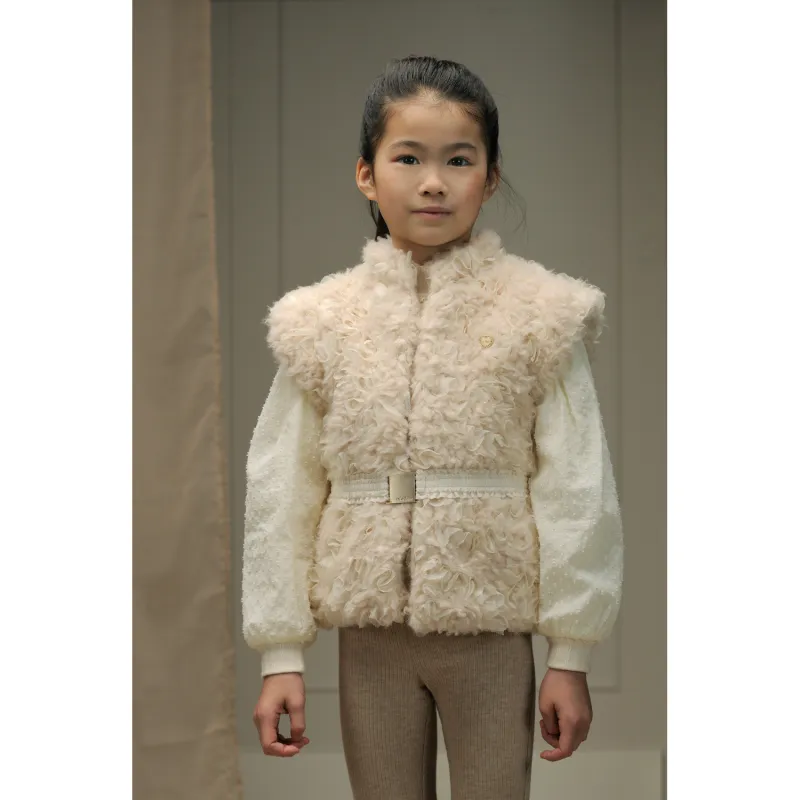 CREAM FUR & VOILE VEST WITH BELT / C408-5105-012