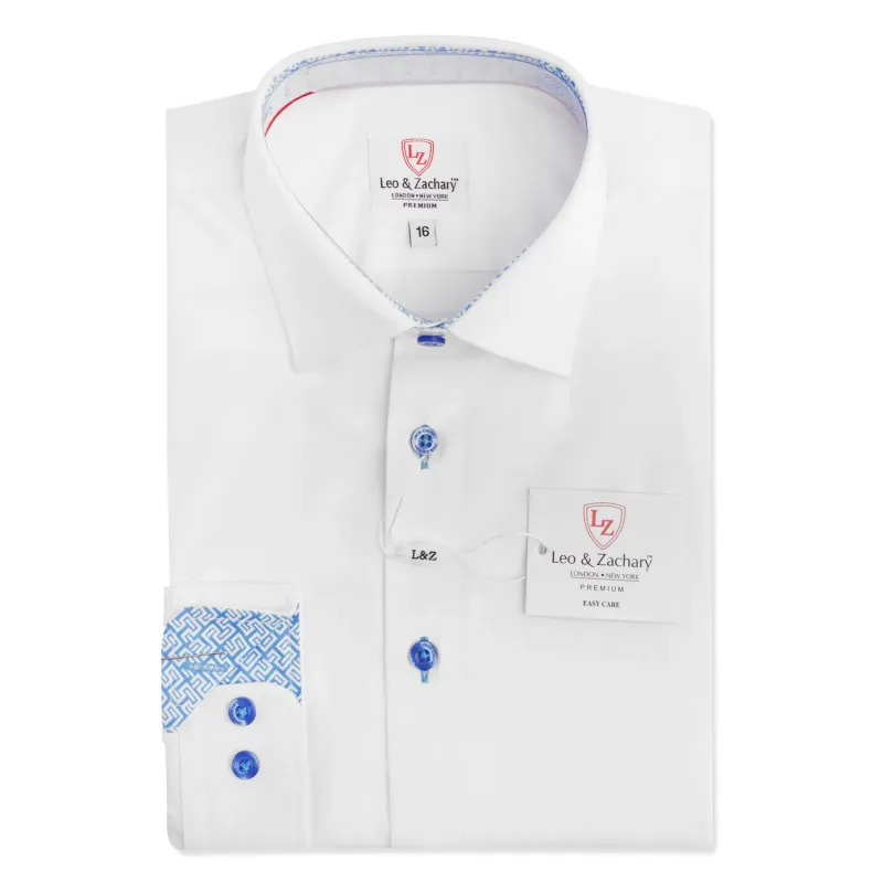 SHIRT WHITE BLUE PRINT TRIM NECKLINE & CUFF / P5528