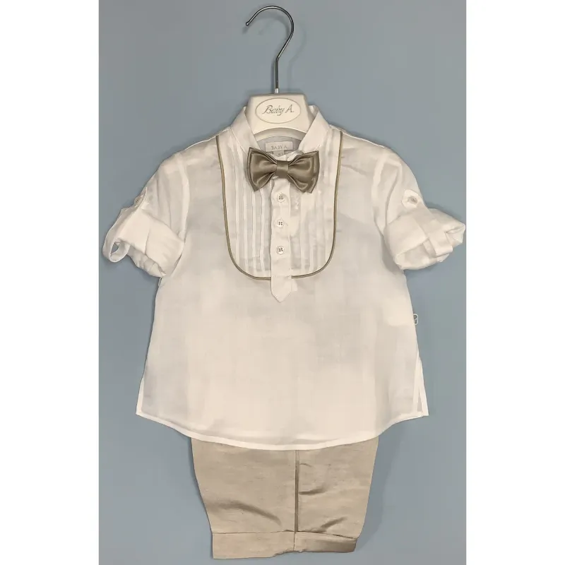 4 PC SHIRT & SHORT & BOWTIE & CUMMBERBAND WHITE & BEIGE / A2275