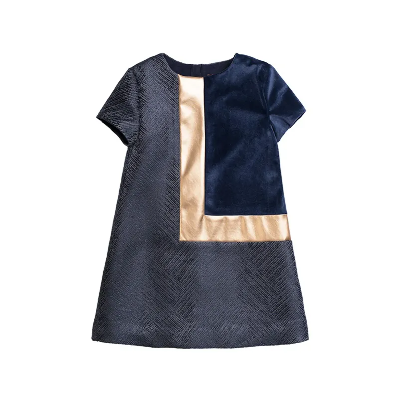 DRESS NAVY VELVET & GOLD STRIPE L SHORT SLEEVE / TANNER