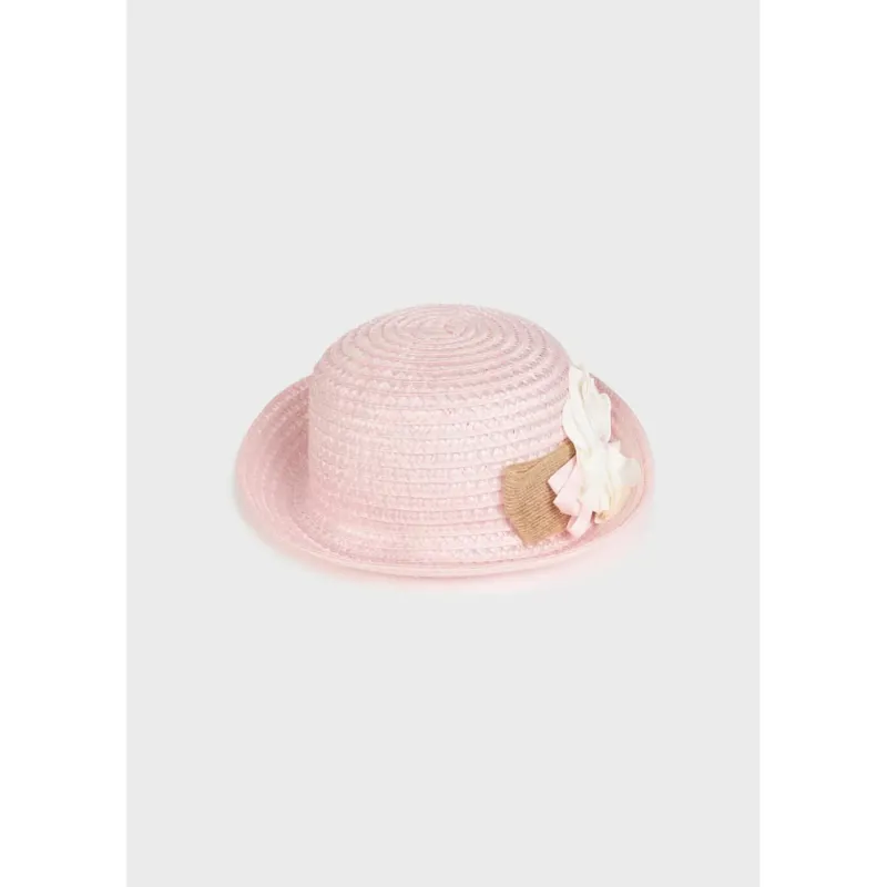 STRAW HAT PINK WHITE FLOWER BROWN BOW / 10433-034