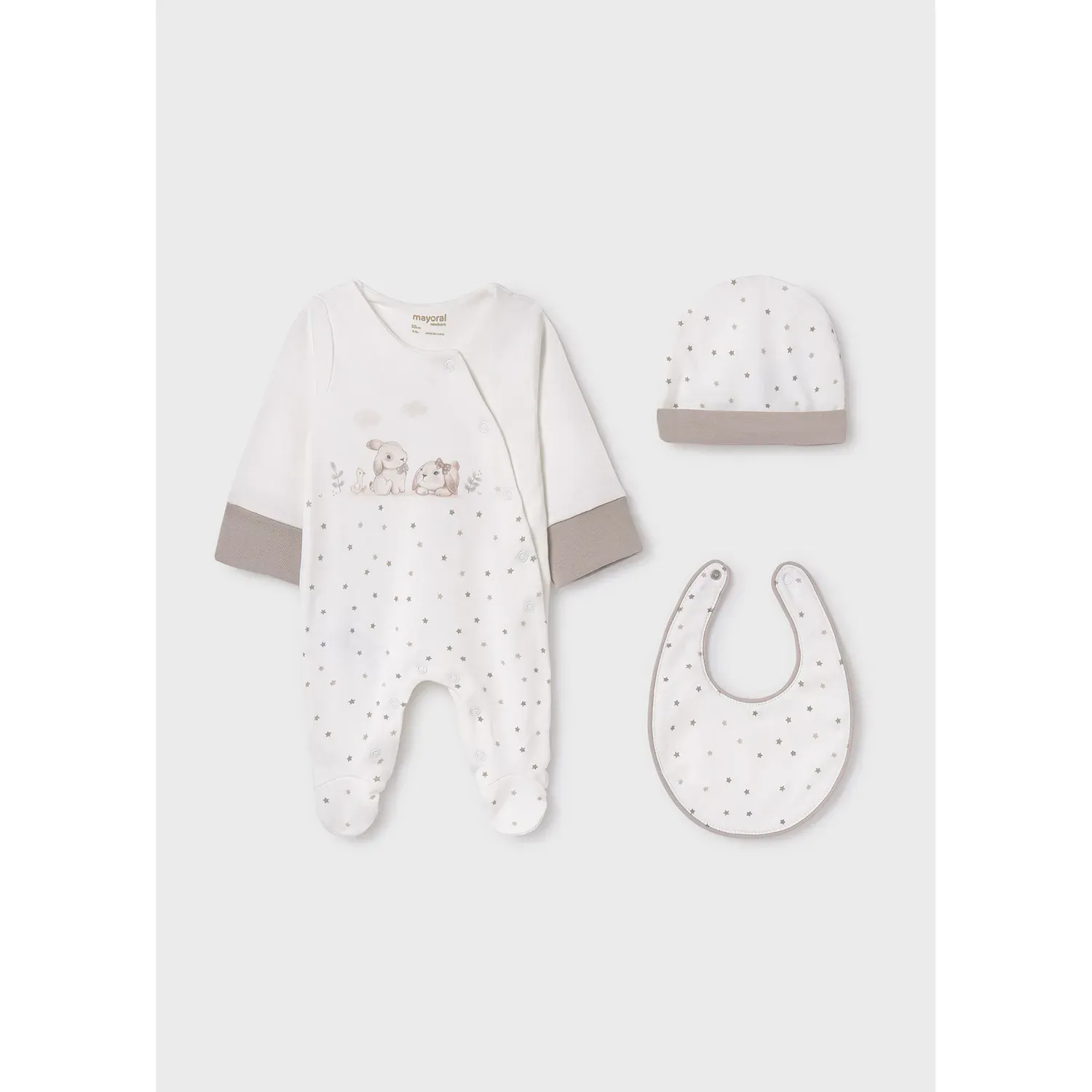 3PC IVORY SLEEPER & HAT & BIB STAR PRINT / 9516-017