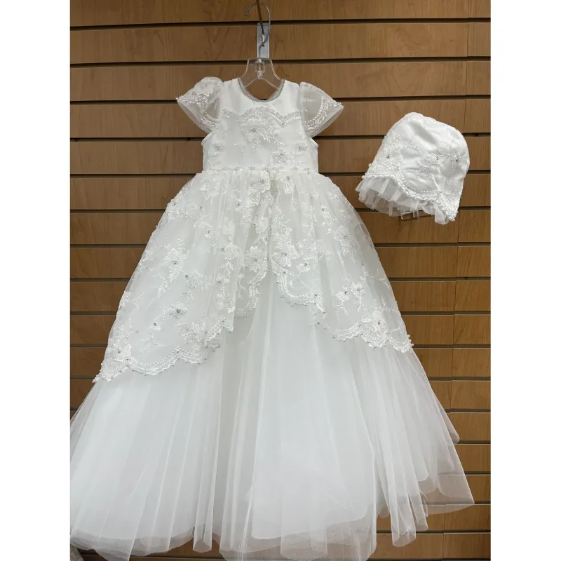 2PC GOWN & BONNET OFF WHITE PEARLS ON BODICE & SKIRT LACE TULLE LAYERS / Y23103