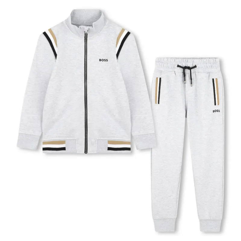2PC JOGGING SET GREY ZIP CLOSURE BROWN WHITE &BLACK STRIPE TRIM / J50747-A32