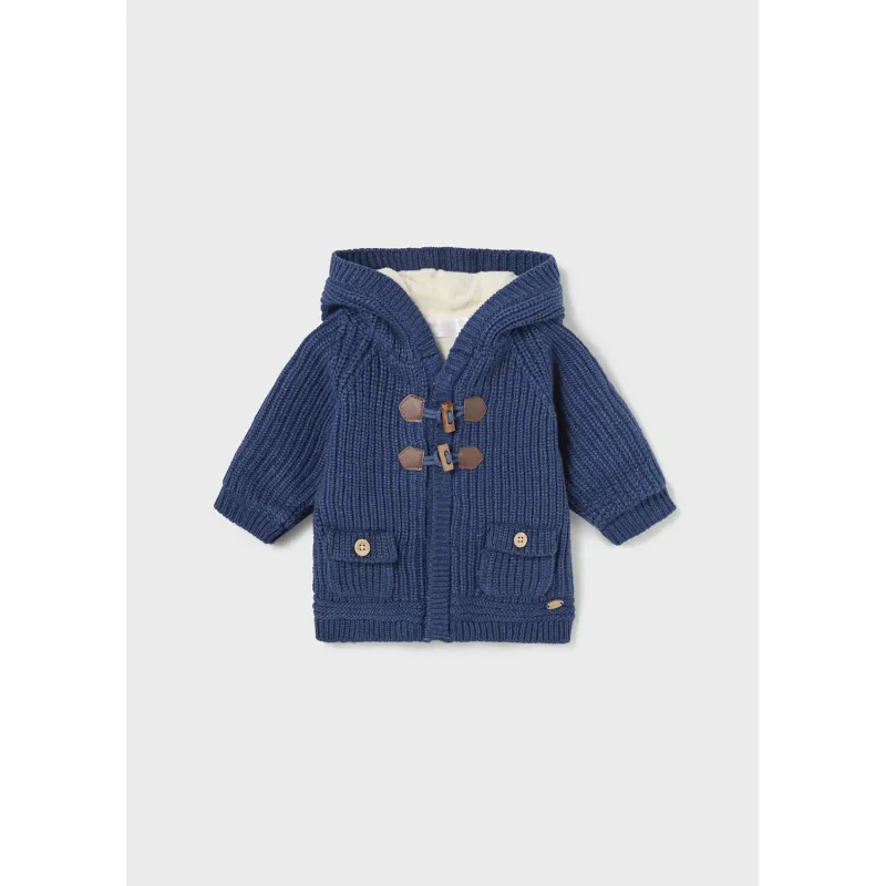 HOODED KNIT CARDIGAN BLUE CREAM VELOUR LINING 2 POCKETS / 2302-029