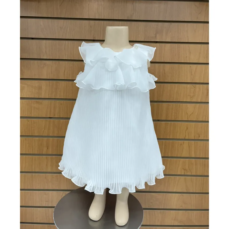 DRESS WHITE PLEATED CHIFFON FLOUNCE BODICE TRIM SLEEVELESS / F2851