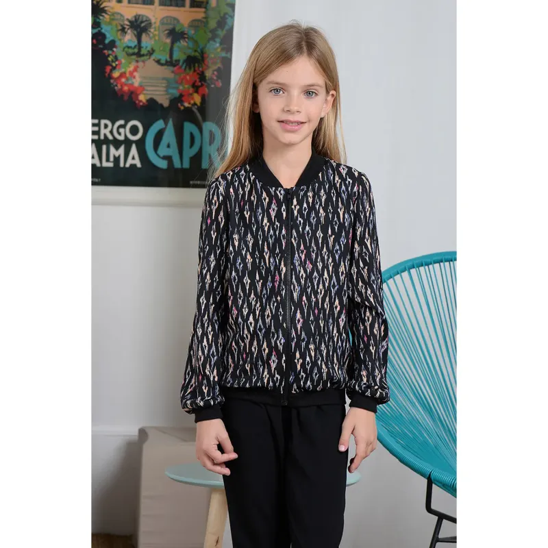 JACKET BLACK BATIK PRINT INDOOR ZIP CLOSURE BLACK KNIT COLLAR & CUFFS / R146