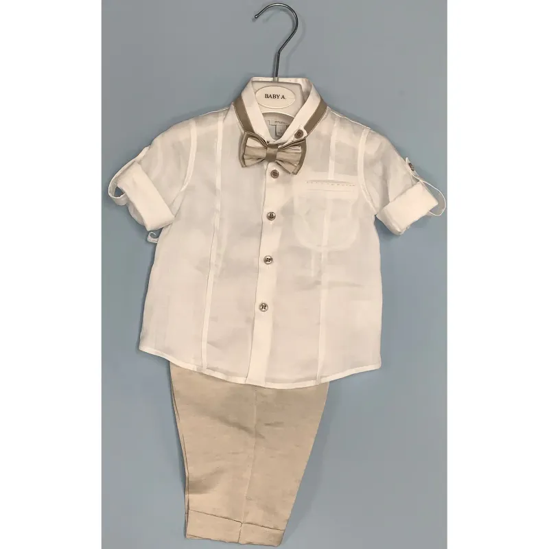 3 PC SHIRT & PANT & BOWTIE WHITE & BEIGE ROLL UP SLEEVE / B2304