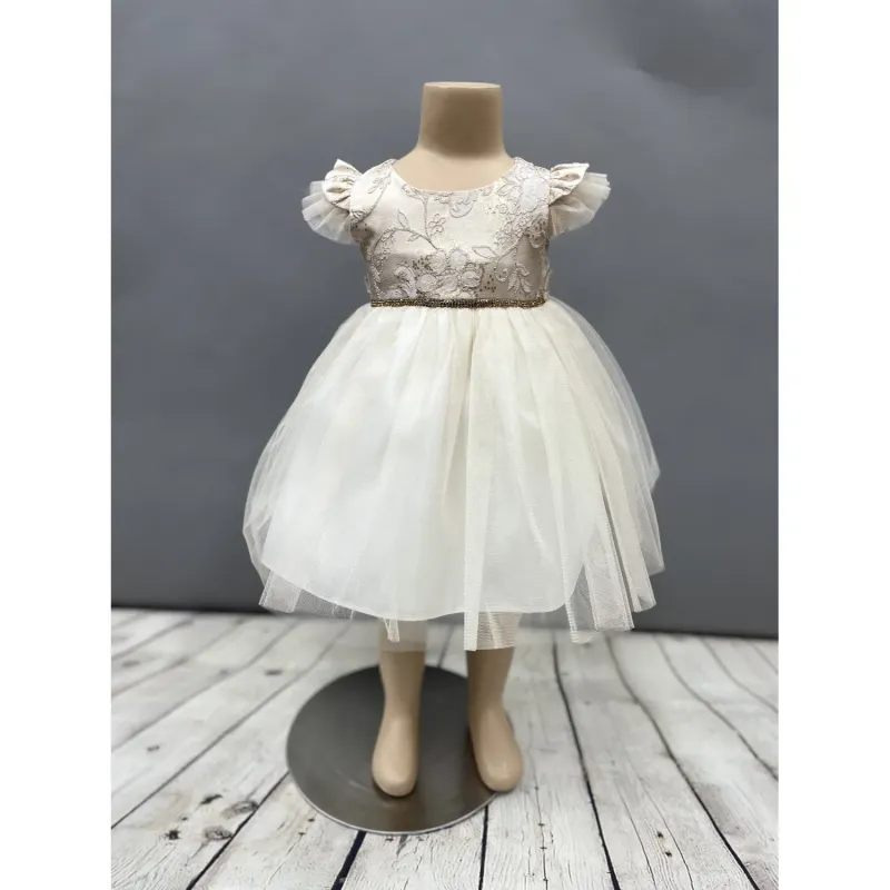 DRESS BEIGE EMBOSSED BODICE TULLE SKIRT GOLD RSTONE BELT / SKB840